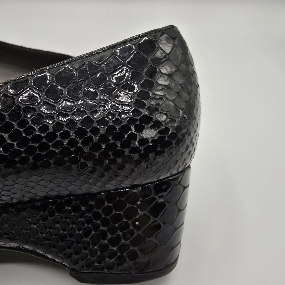 Stuart Weitzman black patent snake print low heel close toe wedges